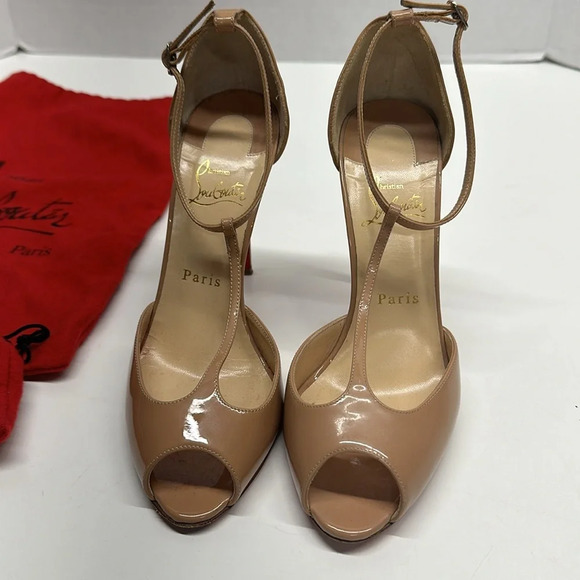 Christian Louboutin Senora T-strap High Heel Heels Shoes 100 MM Tan Nude Size 38 - Picture 3 of 13